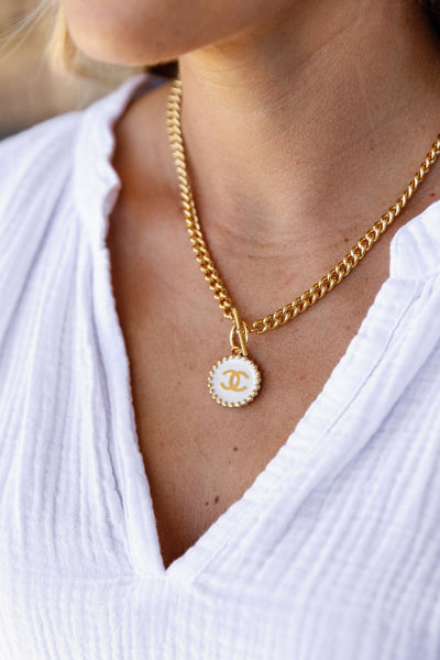 Designer Toggle Medallion Charm Necklace, White