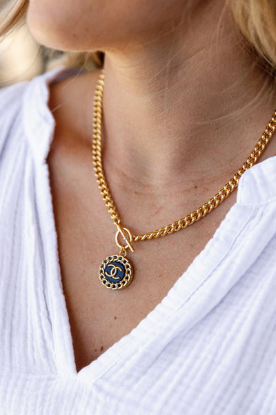 Designer Toggle Medallion Charm Necklace, Black