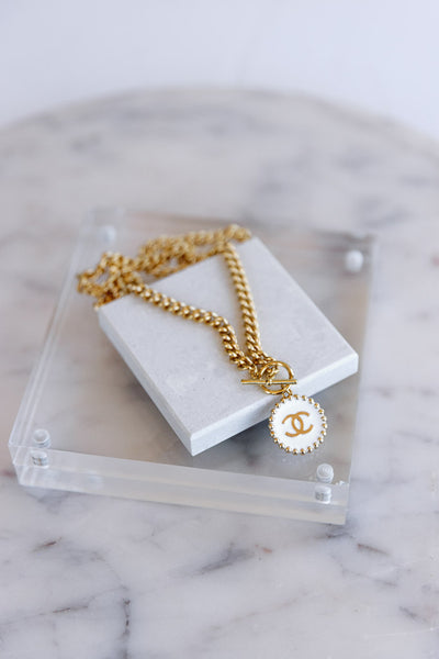 Designer Toggle Medallion Charm Necklace, White