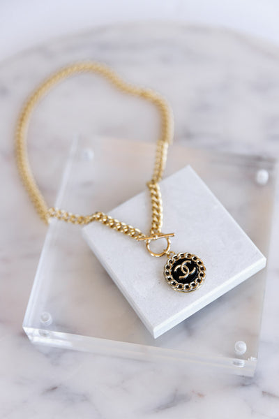Designer Toggle Medallion Charm Necklace, Black