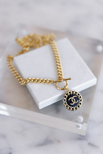 Designer Toggle Medallion Charm Necklace, Black