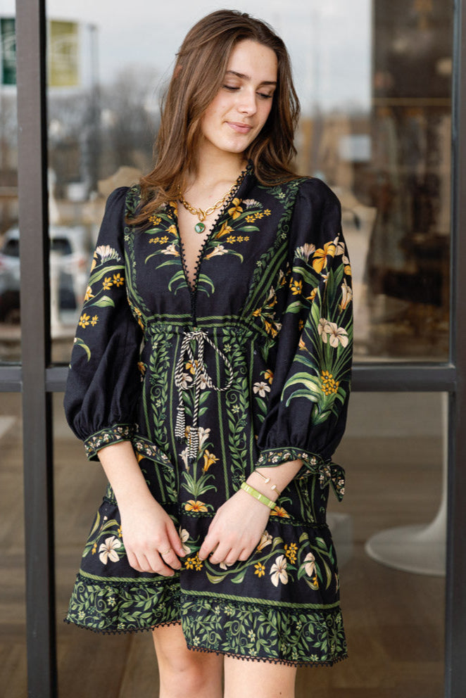 Farm Rio Black Flowers Arch Mini Dress