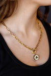 .Designer Logo Medallion On Brushed Gold Toggle Front Chain