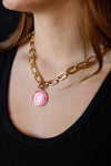 .Designer Medallion On Rectangle Link Chain, Dark Pink