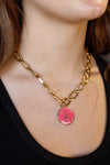 .Designer Medallion On Rectangle Link Chain, Dark Pink