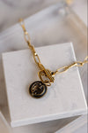 .Designer Antiqued Medallion On Brushed Gold Toggle Front Chain