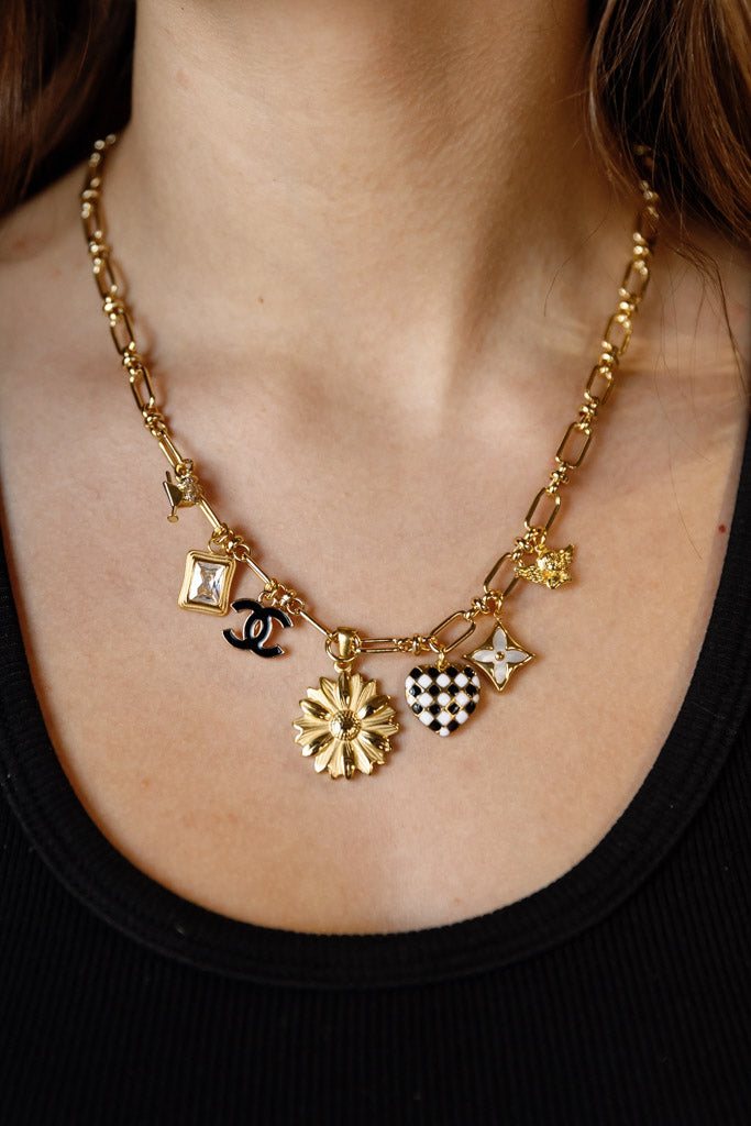 .Designer Charm Necklace, Black/White/Gold