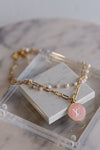 .Designer Paperclip & Pearl Chain W/ Charm, Pink