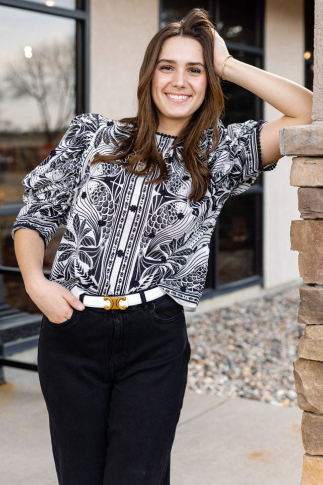 Farm Rio Monochrome Elegance Scarf Print Blouse