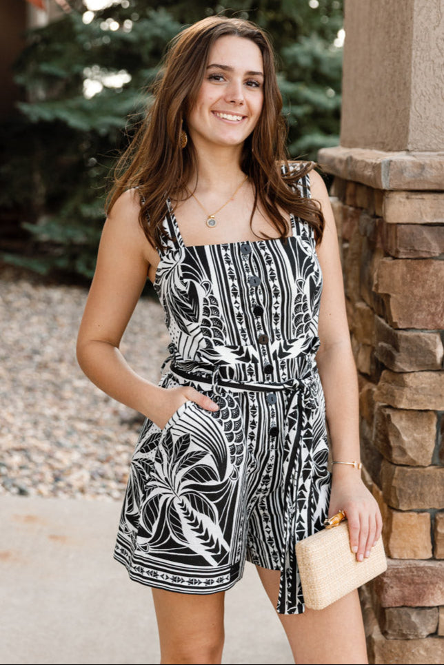 Farm Rio Monochrome Elegance Scarf Print Romper Farm Rio Monochrome Elegance Scarf Print Romper