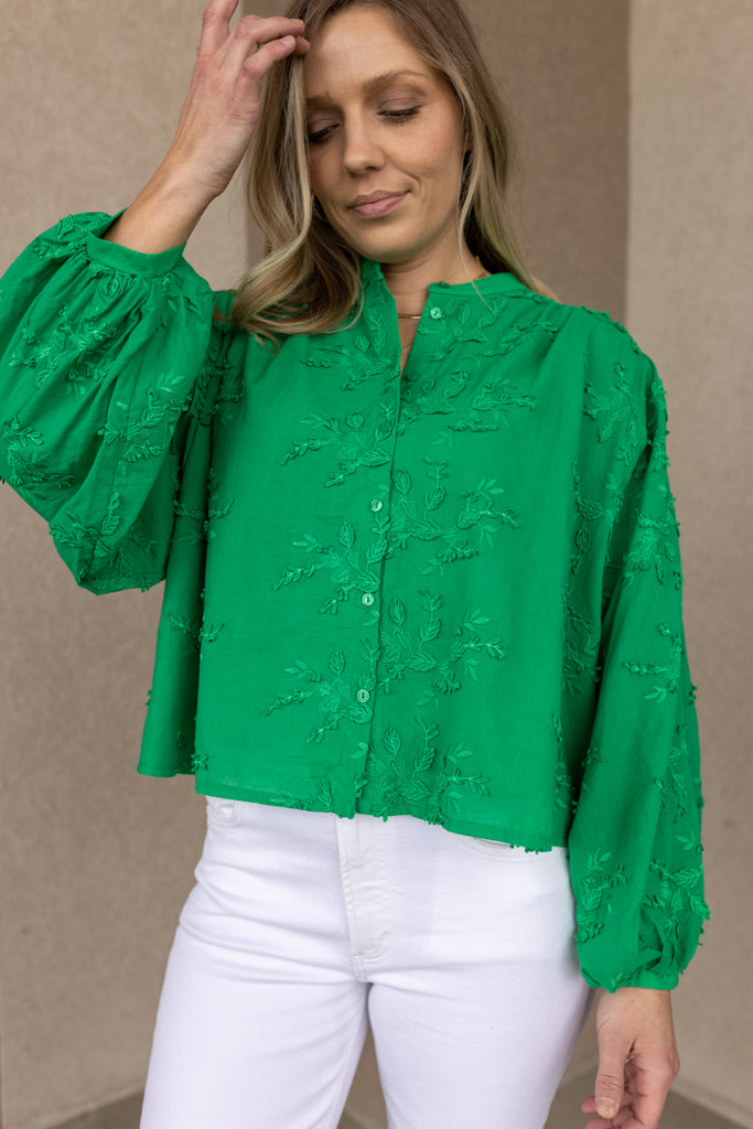 Jewel Floral Appliqué Top, Green