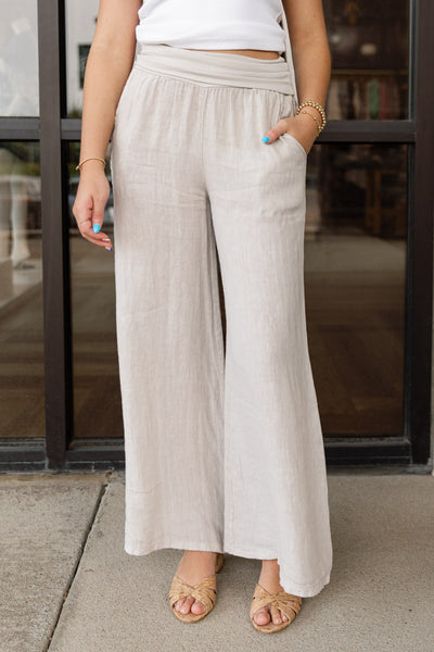 Capri Fold-Over Waist Linen Palazzo Pants