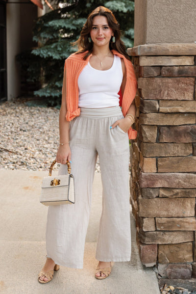 Capri Fold-Over Waist Linen Palazzo Pants