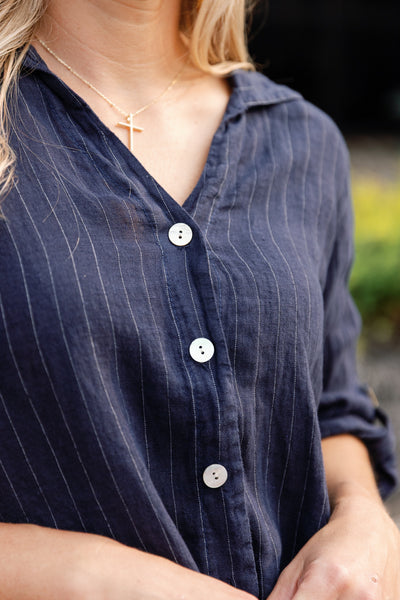 Morgan Linen Pinstripe Tie Front Top