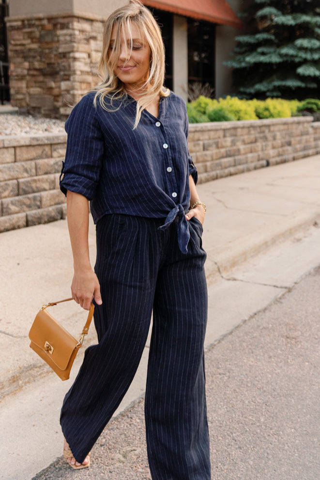 Morgan Linen Pinstripe Tie Front Top