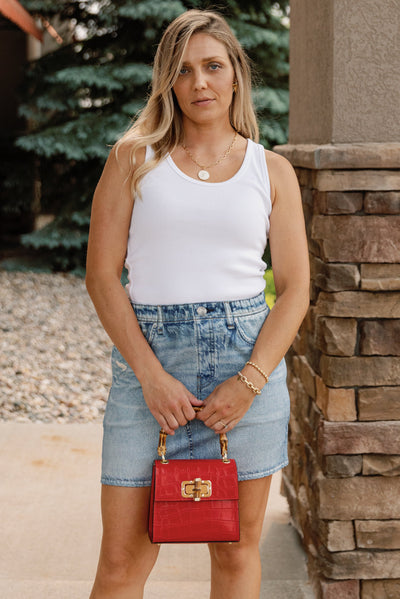Selena Embossed Leather Hand Bag, Red