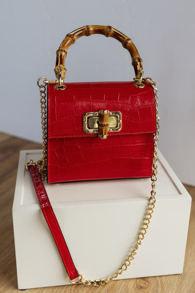 Selena Embossed Leather Hand Bag, Red
