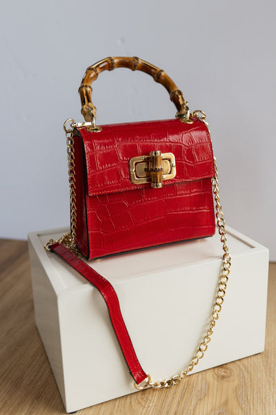 Selena Embossed Leather Hand Bag, Red