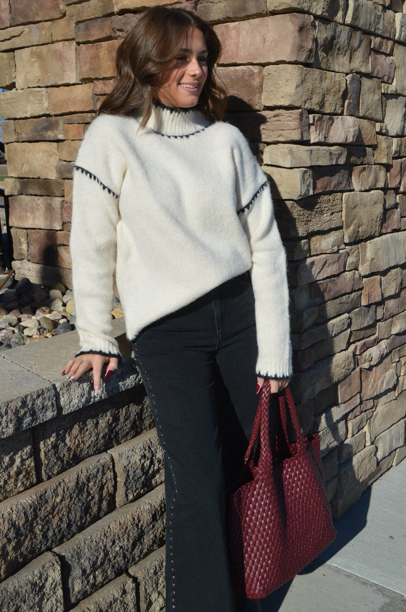 Esme Whip Stitch Trim Mock Neck Sweater
