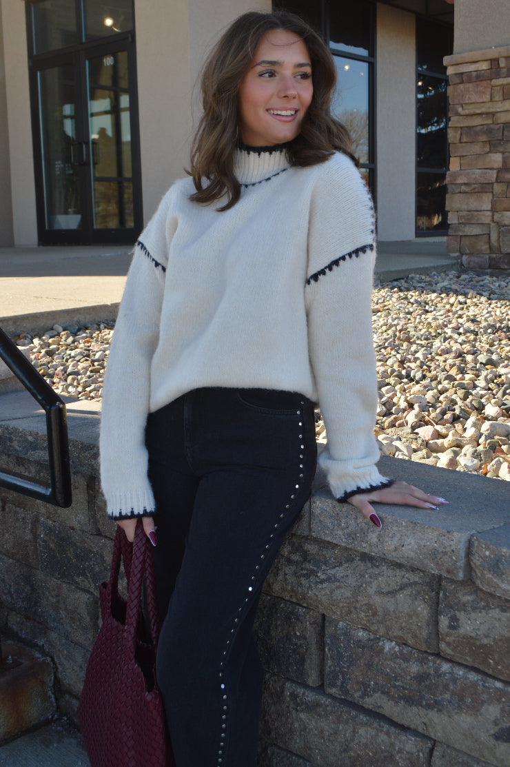 Esme Whip Stitch Trim Mock Neck Sweater