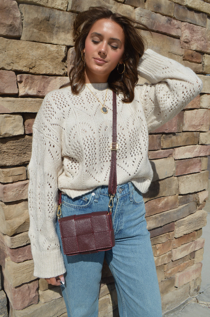 Maddie Woven Leather Handbag, Burgundy