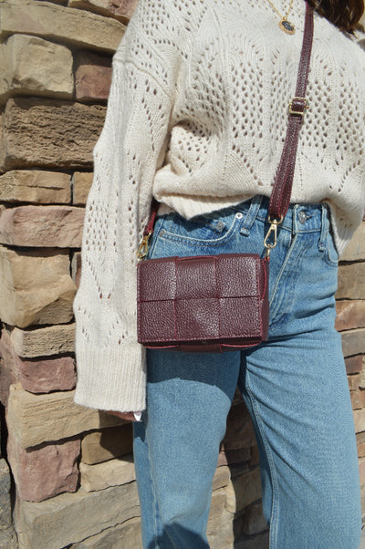 Maddie Woven Leather Handbag, Burgundy