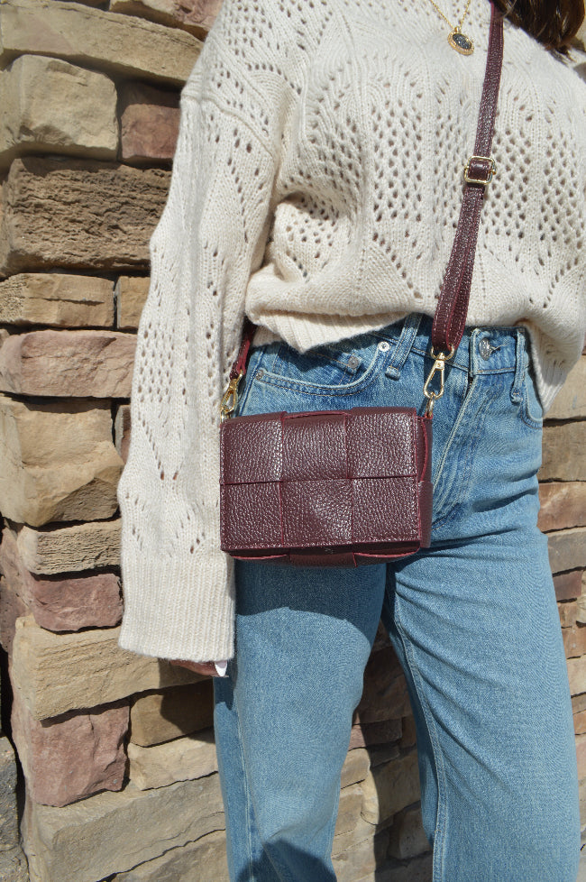 Maddie Woven Leather Handbag, Burgundy