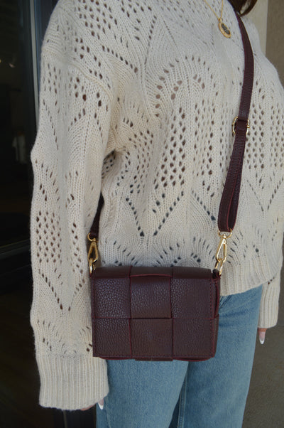 Maddie Woven Leather Handbag, Burgundy