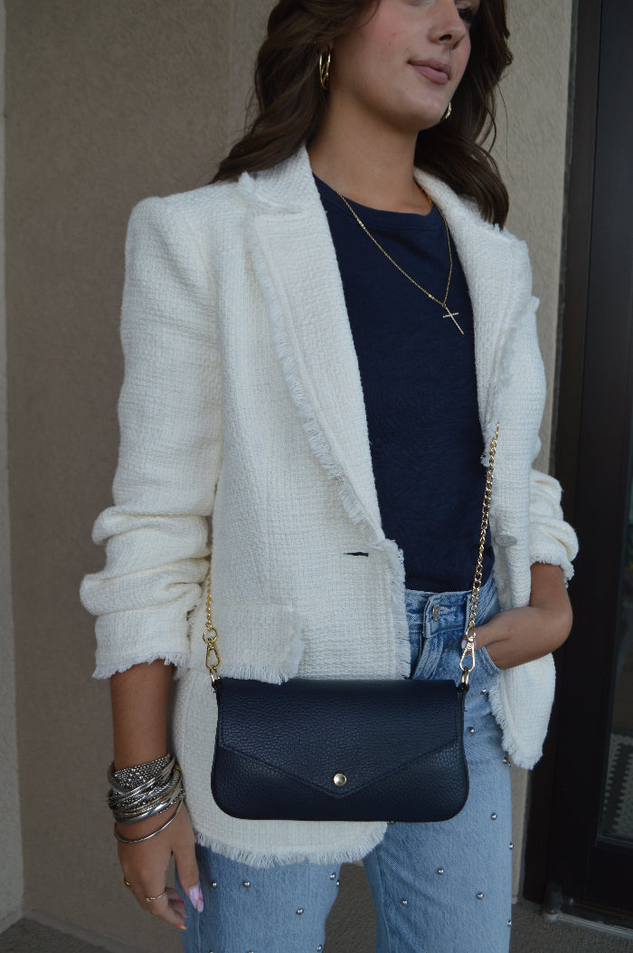 Jewel Leather Handbag, Navy