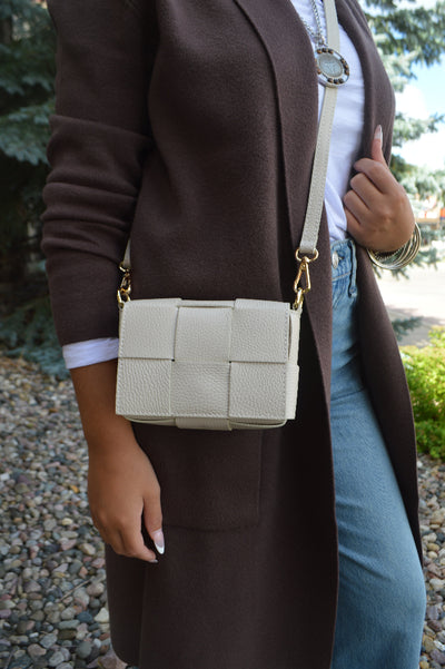 Maddie Woven Leather Handbag, Ivory