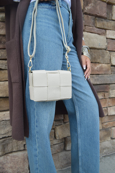 Maddie Woven Leather Handbag, Ivory
