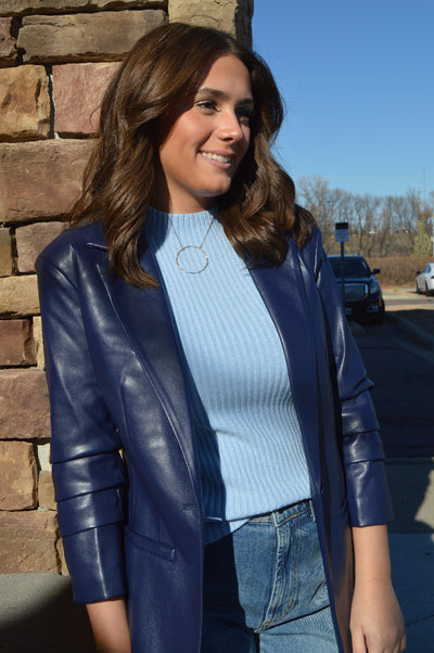 Claudia Ribbed Mock Neck Sweater, Sky Blue