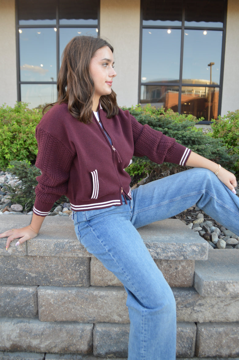 Chelsey Zip Front Sweater Jacket, Burgundy