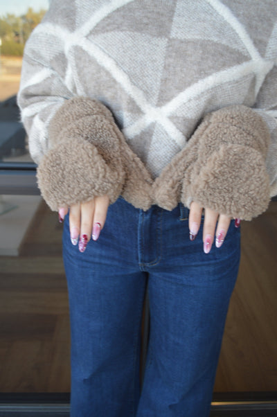 .Sherpa Convertible Mittens, Toffee