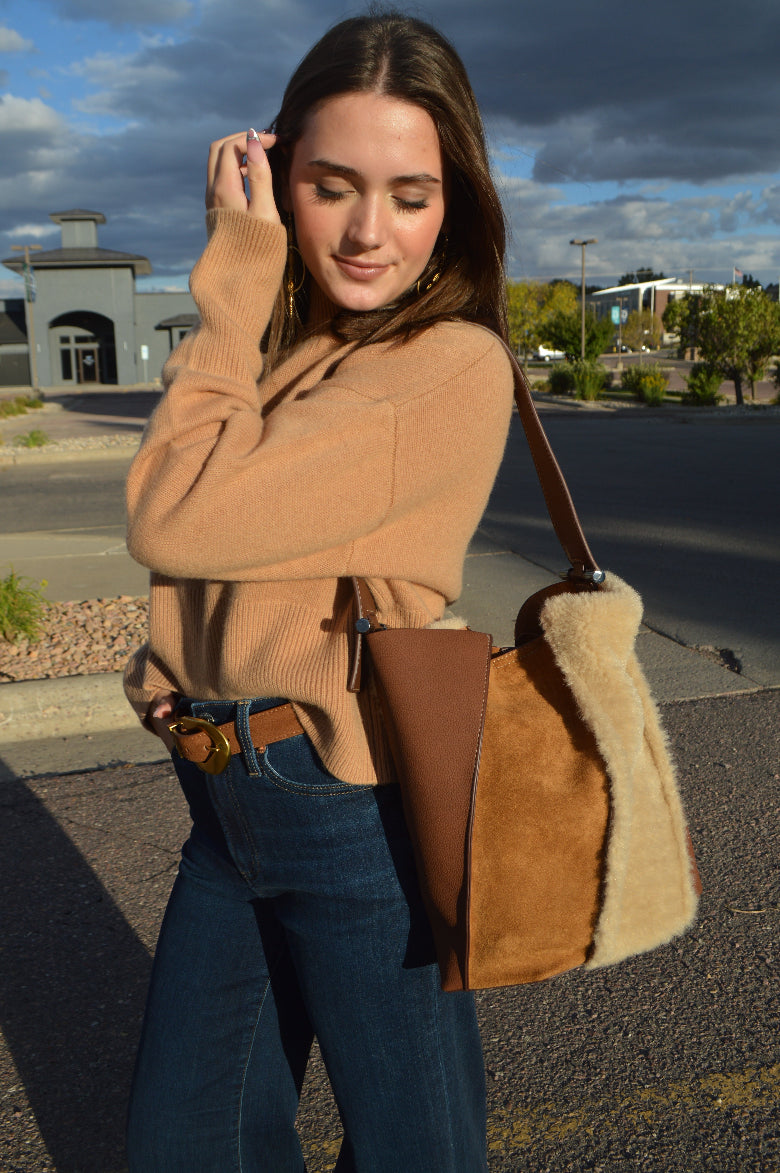 Thalia Faux Sherpa Suede Tote