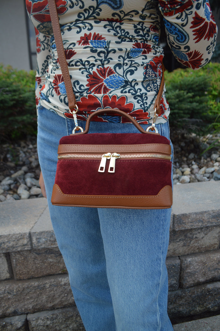 Abby Genuine Suede Handbag, Burgundy