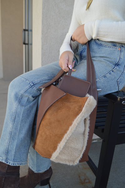 .Thalia Faux Sherpa Suede Tote