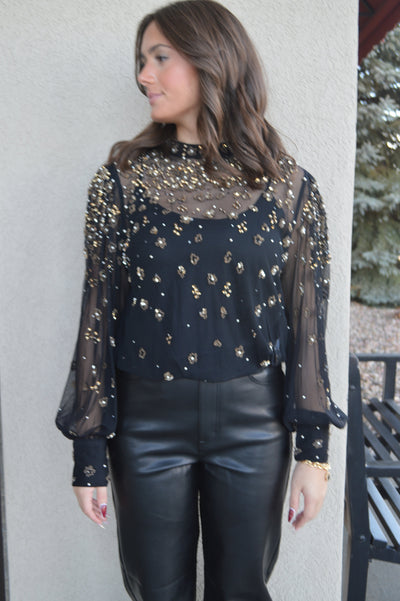Farm Rio Embellished Tulle Lined Blouse