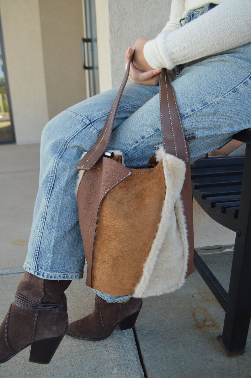 .Thalia Faux Sherpa Suede Tote