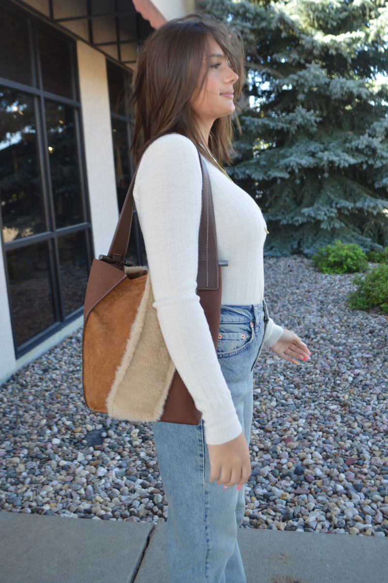 .Thalia Faux Sherpa Suede Tote