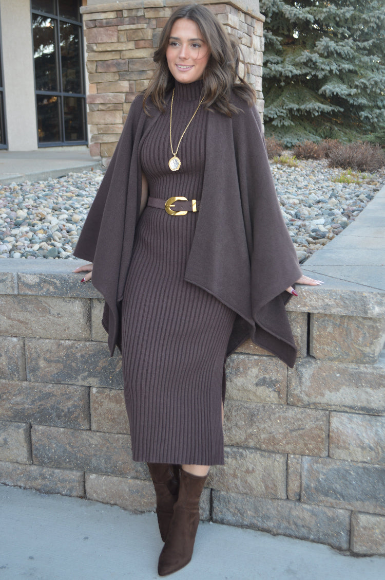 Ariana Ribbed Sweater Dress, Chocolate