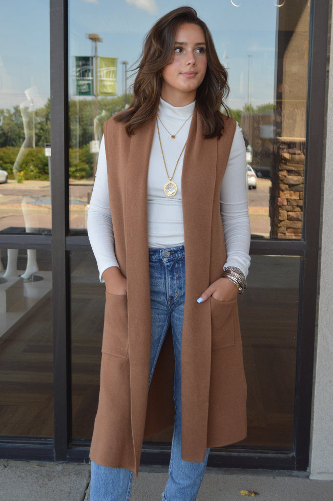 PRE-ORDER AUGUST Mazie Sleeveless Cardigan, Camel