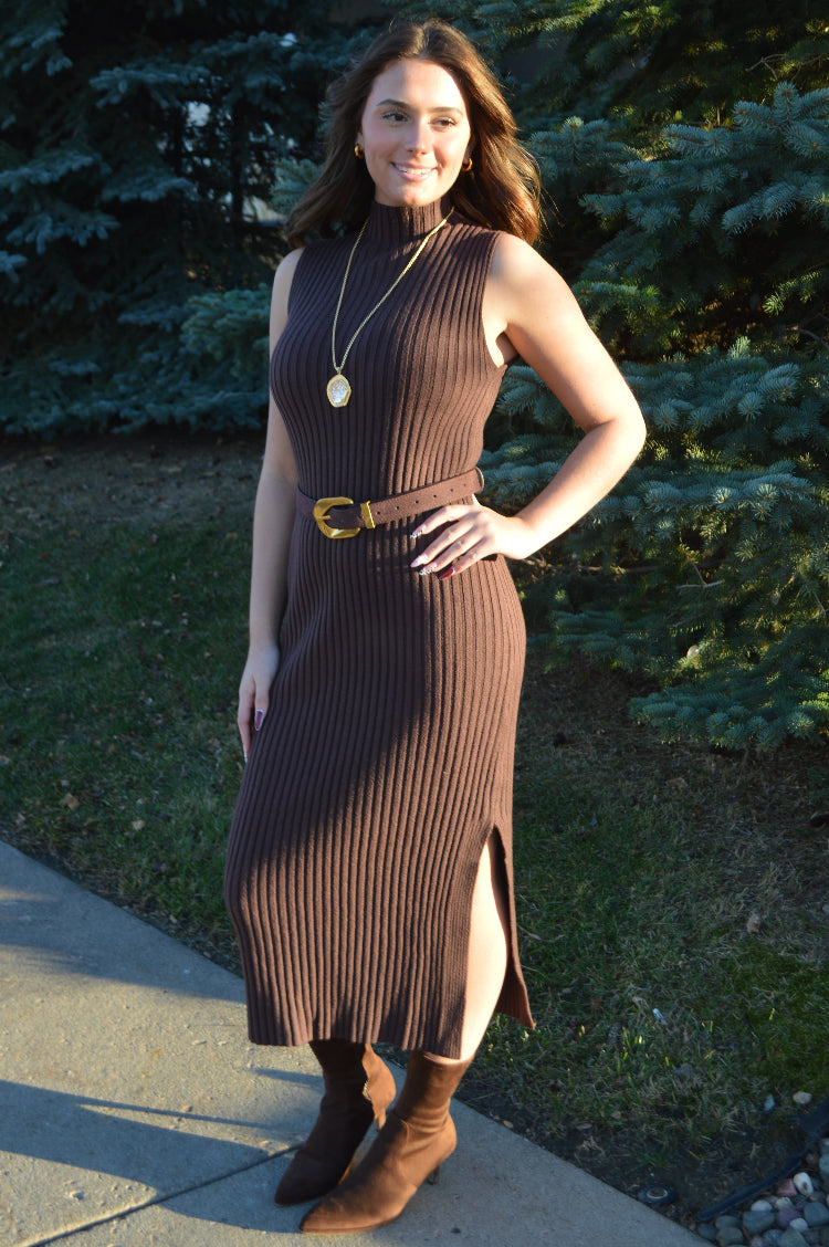 Ariana Ribbed Sweater Dress, Chocolate
