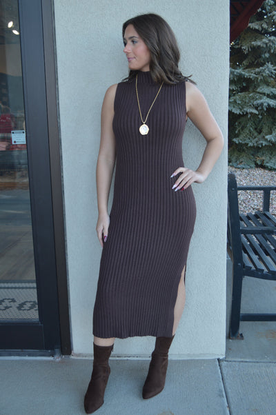 Ariana Ribbed Sweater Dress, Chocolate