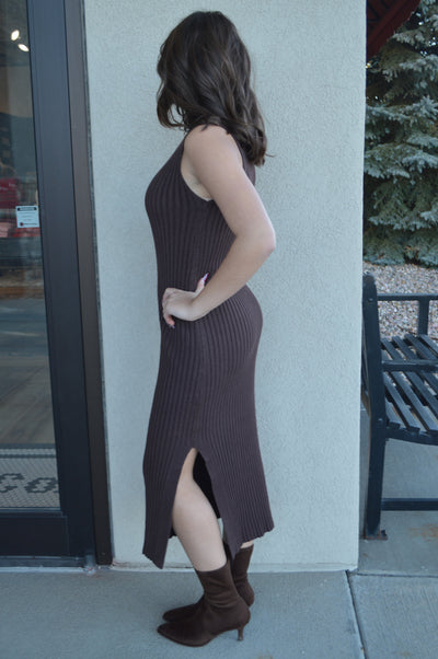 Ariana Ribbed Sweater Dress, Chocolate