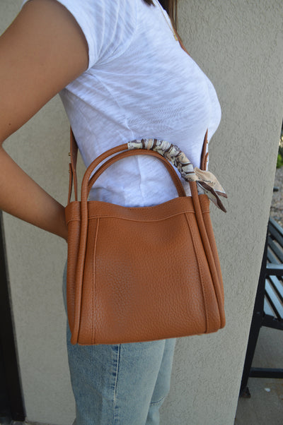 .Tara Faux Leather Bucket Bag, Cognac