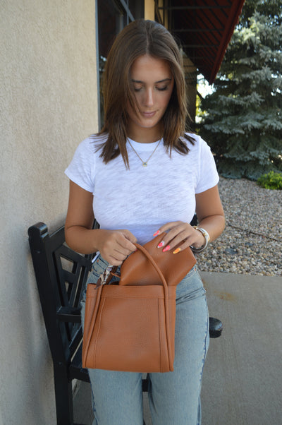.Tara Faux Leather Bucket Bag, Cognac