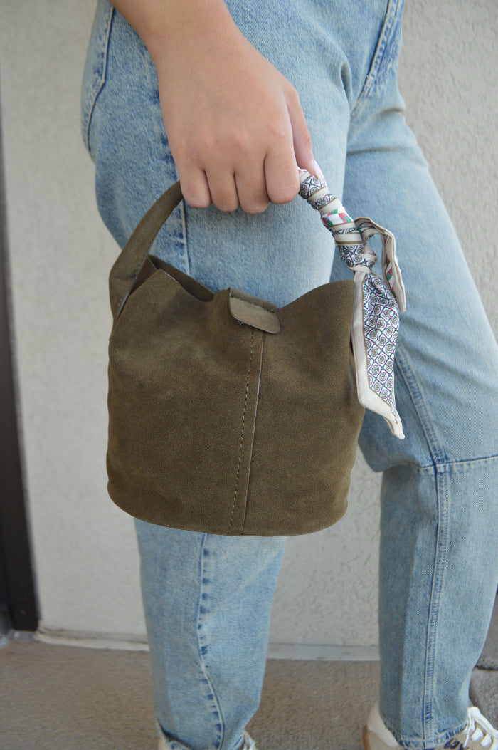 .Gabby Mini Faux Suede Bucket bag, Olive