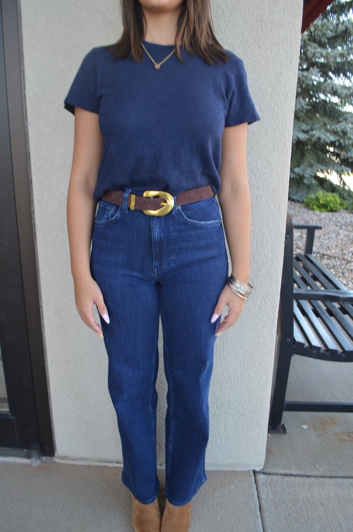 .Aggie Faux Suede Belt, Chocolate