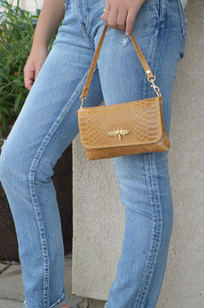 Camille Embossed Leather Crossbody/Clutch, Camel